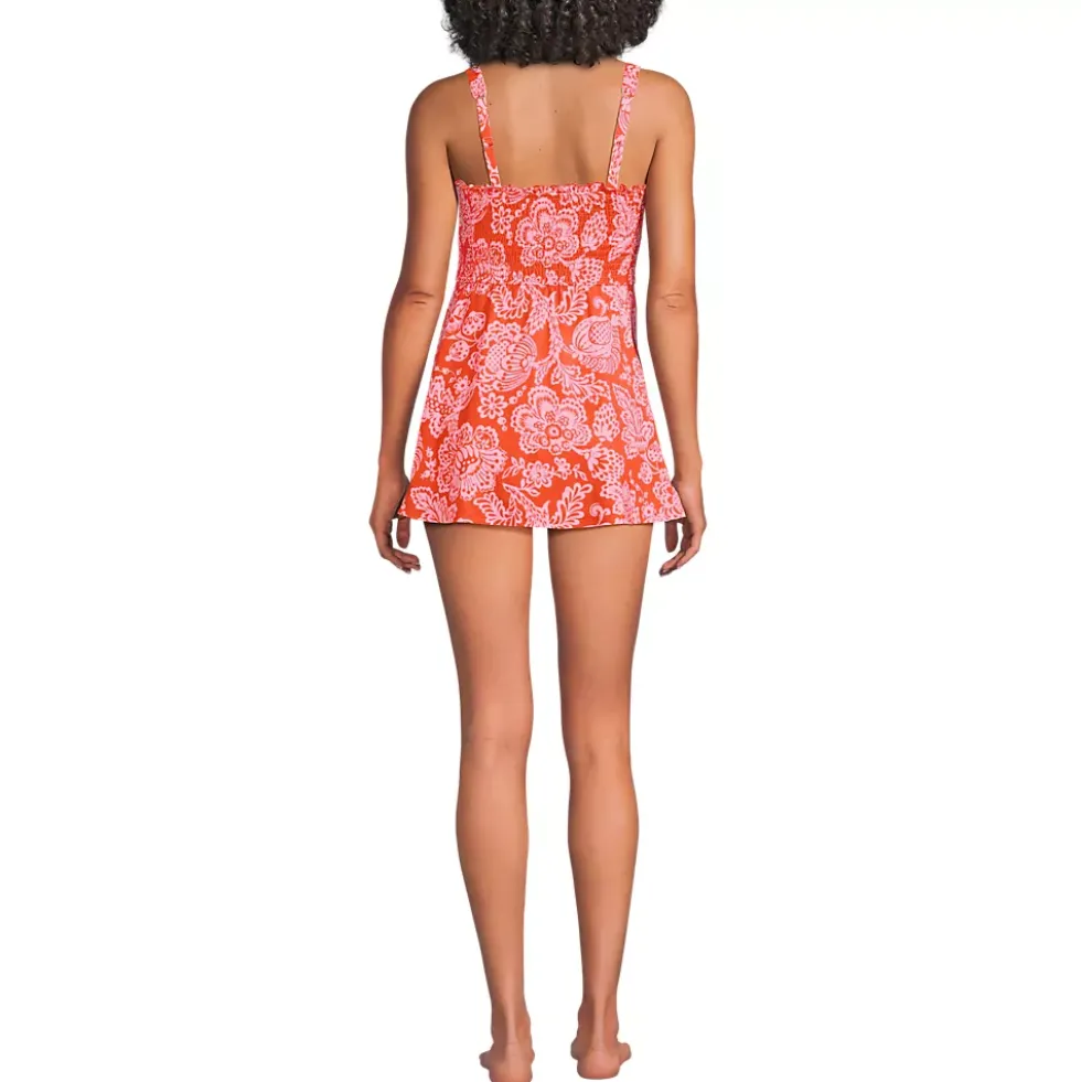Womens Square Neck Smocked Mini Swim Dress
