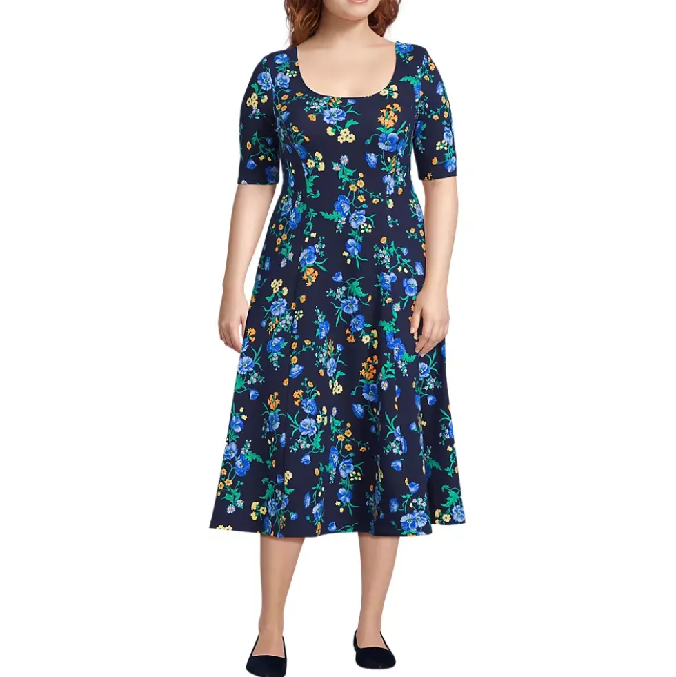 Women's Starfish Elbow Sleeve Midi Fit and Flare Dress