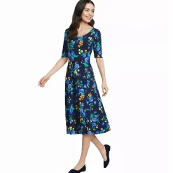 Women's Starfish Elbow Sleeve Midi Fit and Flare Dress