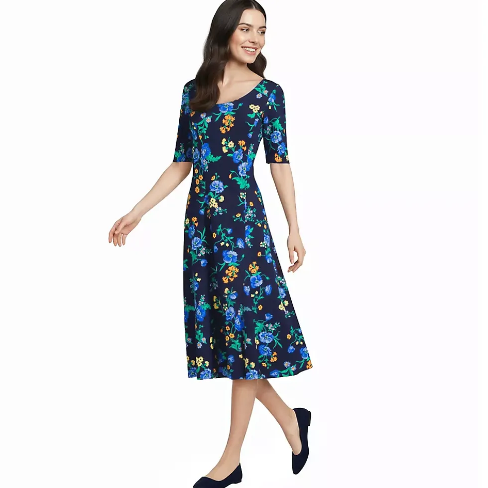 Women's Starfish Elbow Sleeve Midi Fit and Flare Dress