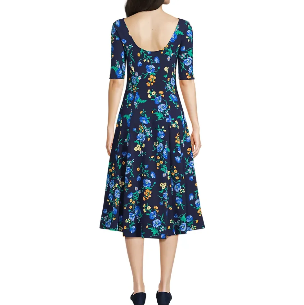 Women's Starfish Elbow Sleeve Midi Fit and Flare Dress