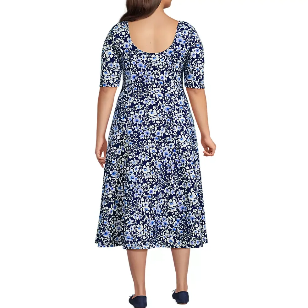 Women's Starfish Elbow Sleeve Midi Fit and Flare Dress