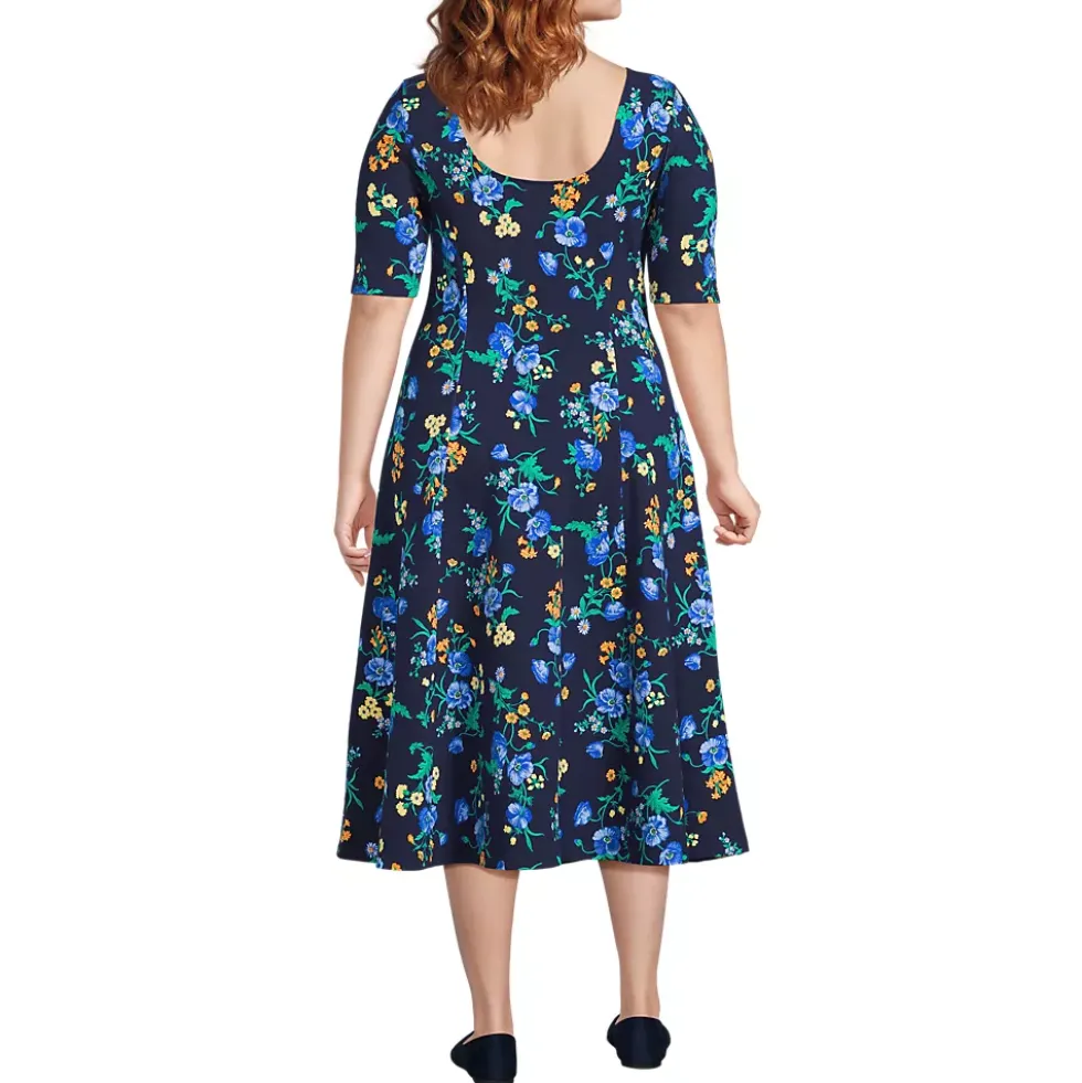 Women's Starfish Elbow Sleeve Midi Fit and Flare Dress