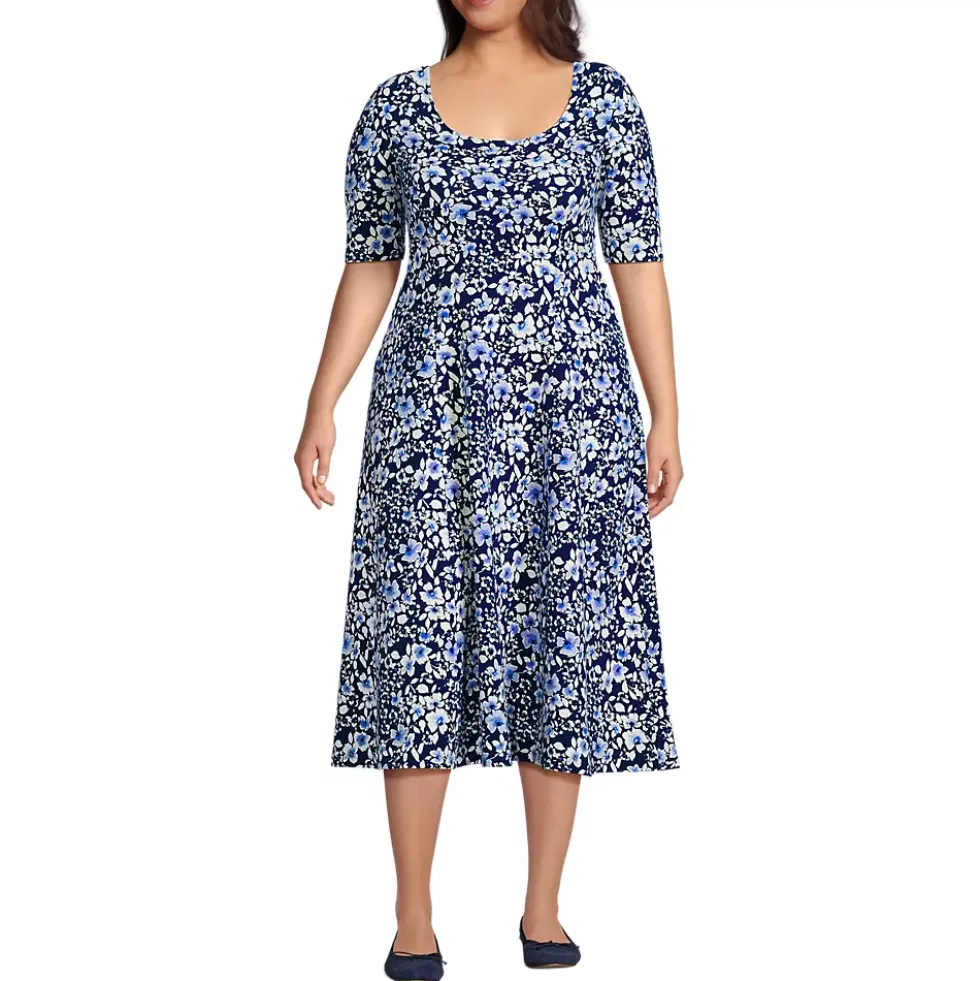 Women's Starfish Elbow Sleeve Midi Fit and Flare Dress