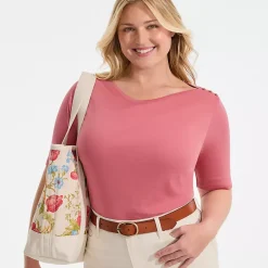 Women's Supima Cotton Elbow Sleeve Boatneck Button Shoulder Tee