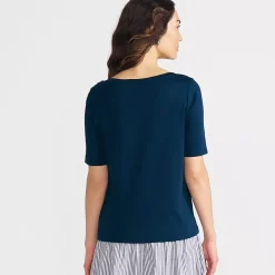 Women's Supima Cotton Elbow Sleeve Boatneck Button Shoulder Tee