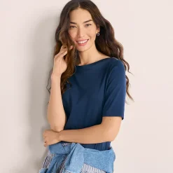 Women's Supima Cotton Elbow Sleeve Boatneck Button Shoulder Tee