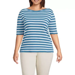 Women's Supima Cotton Elbow Sleeve Boatneck Button Shoulder Tee