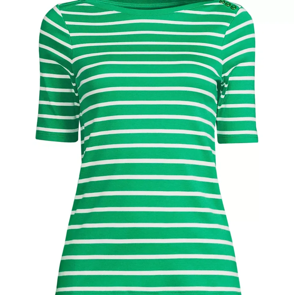 Women's Supima Cotton Elbow Sleeve Boatneck Button Shoulder Tee