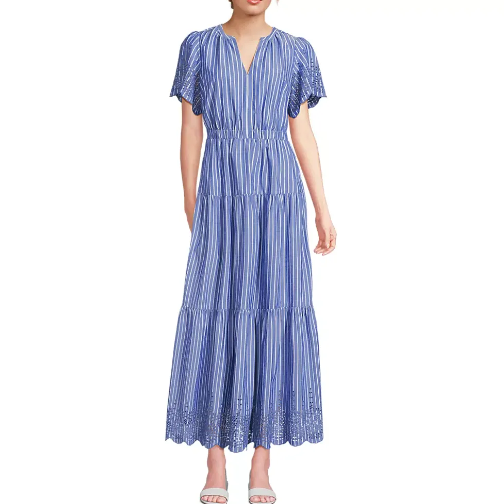 Women's Tiered Cotton Poplin Eyelet Maxi Dress