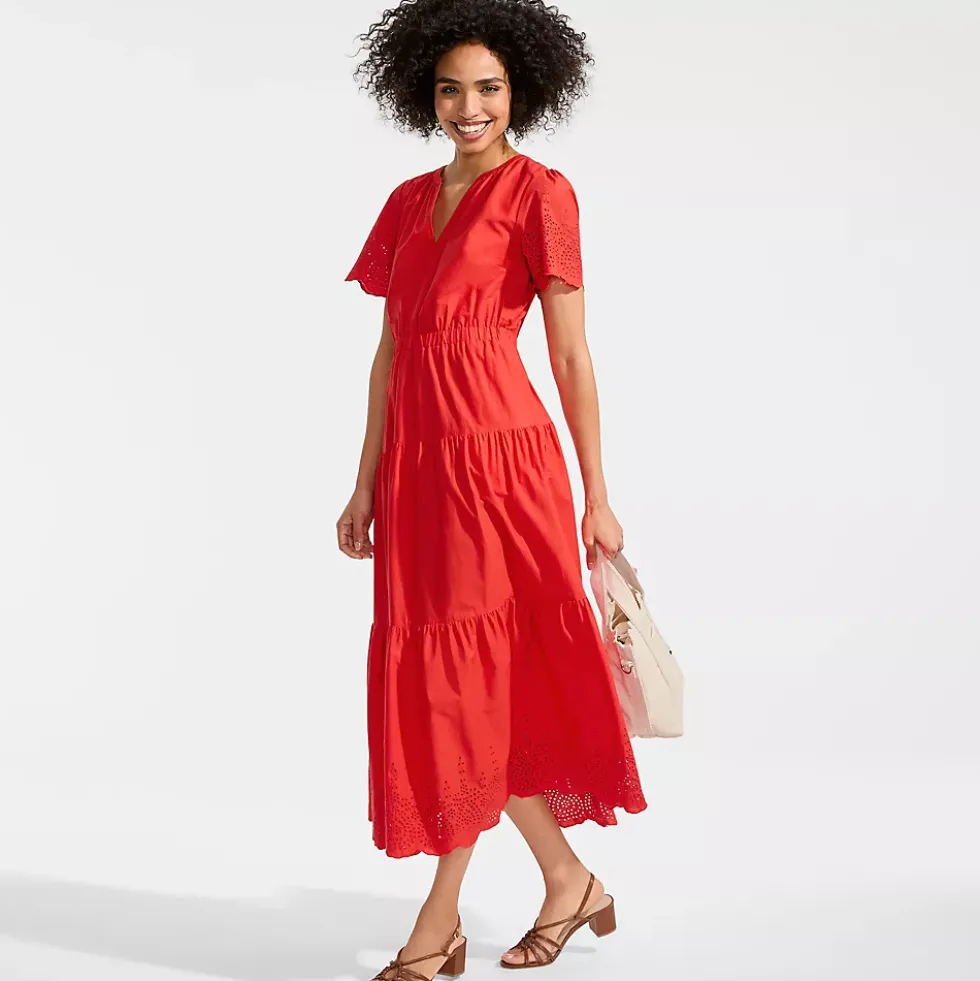 Women's Tiered Cotton Poplin Eyelet Maxi Dress