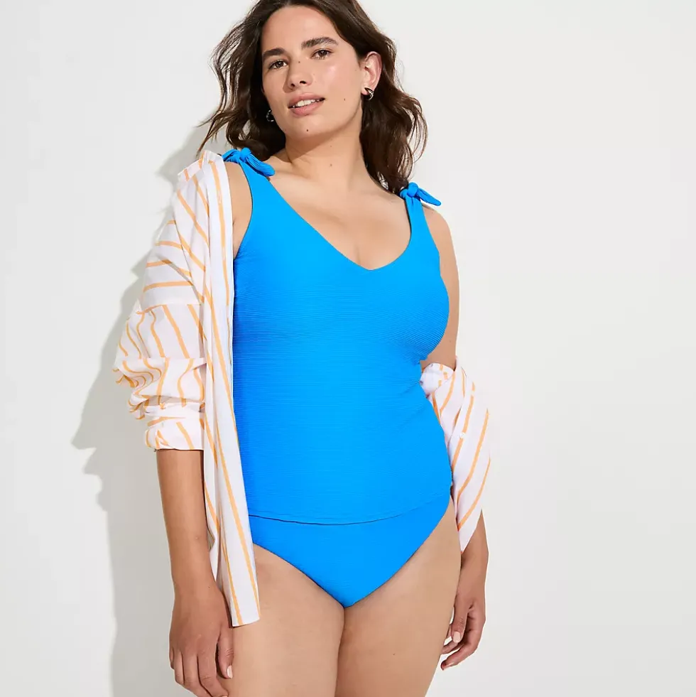 Women's Tie Shoulder Ribbed Flutter Tankini Top