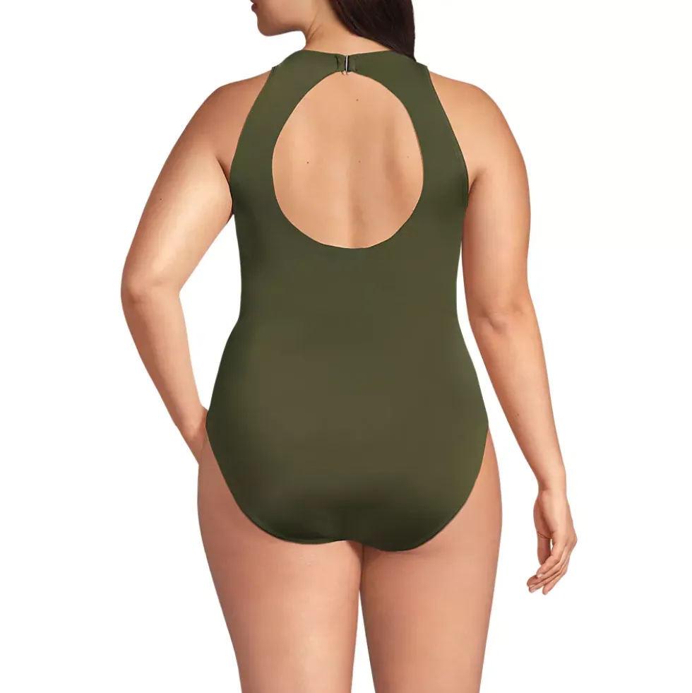 Women's Tugless High Neck Portrait Back One Piece Swimsuit