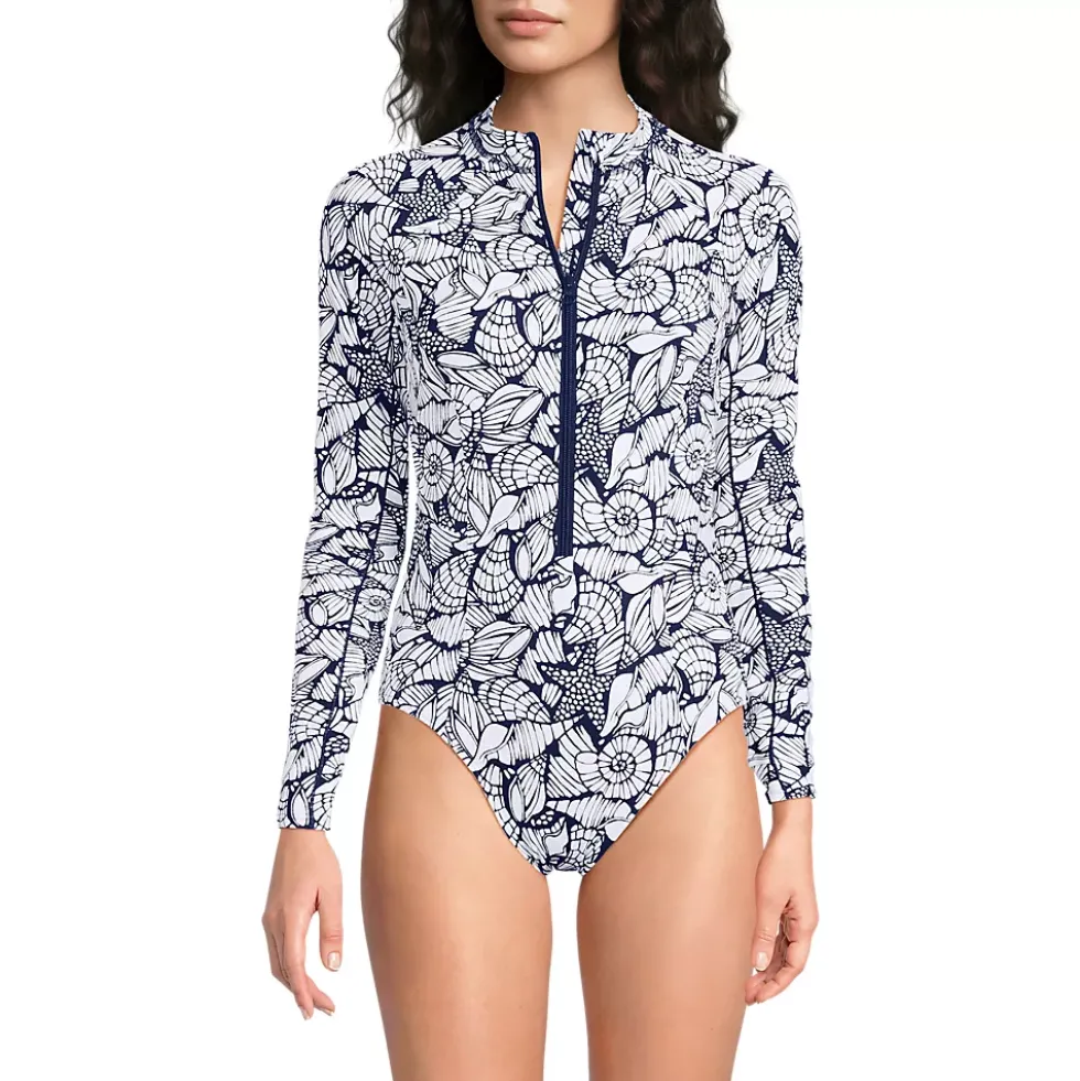 Women's Tugless Long Sleeve Rash Guard One Piece Swimsuit