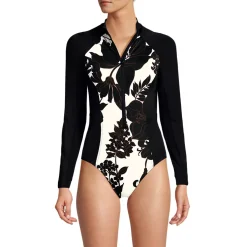 Women's Tugless Long Sleeve Rash Guard One Piece Swimsuit