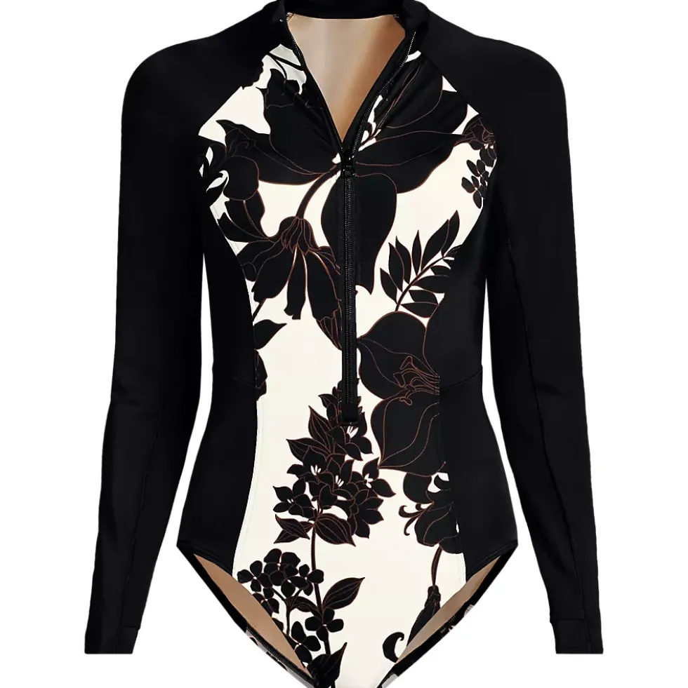 Women's Tugless Long Sleeve Rash Guard One Piece Swimsuit