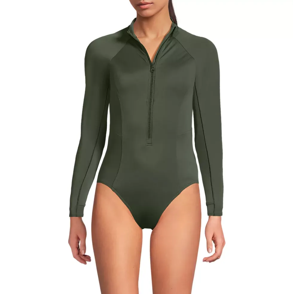 Women's Tugless Long Sleeve Rash Guard One Piece Swimsuit