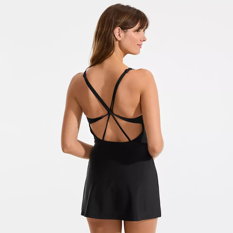 Womens Tugless QuickDry Strappy Back Mini Swim Dress