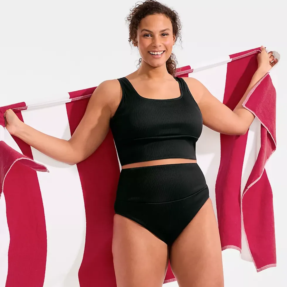 Women's Tugless Ribbed Midkini and High Waisted Bottom Swimsuit Set
