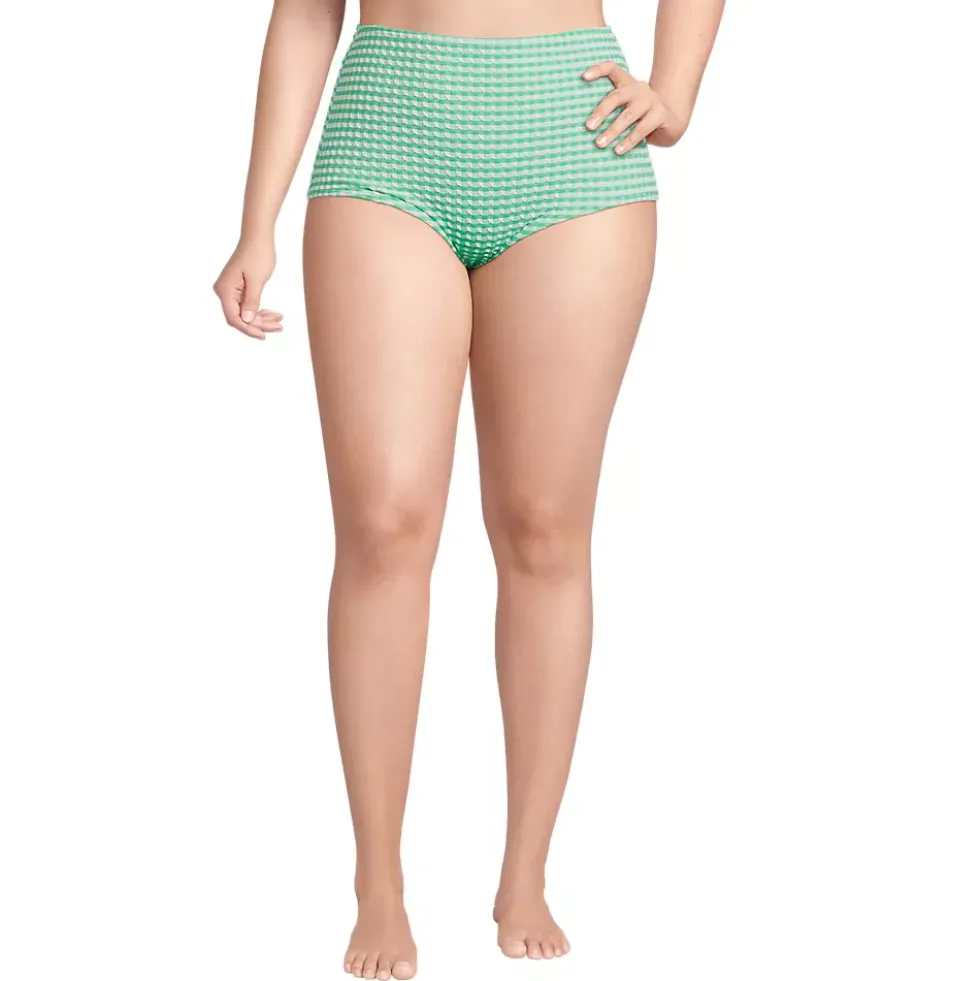 Women's Tummy Control Gingham Tugless High Waisted Bikini Bottoms
