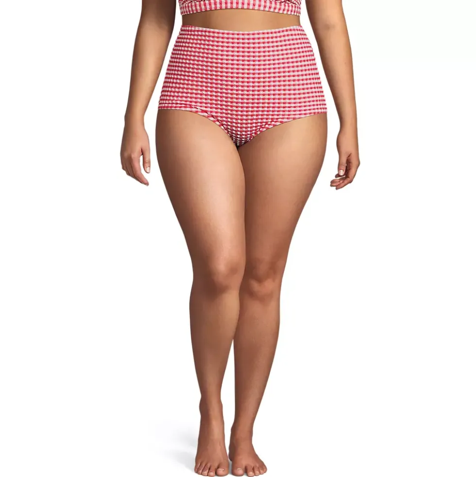 Women's Tummy Control Gingham Tugless High Waisted Bikini Bottoms