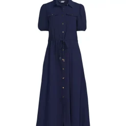 Women's Twill Button Front Fluid Short Sleeve Dress