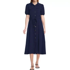Women's Twill Button Front Fluid Short Sleeve Dress