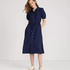 Women's Twill Button Front Fluid Short Sleeve Dress