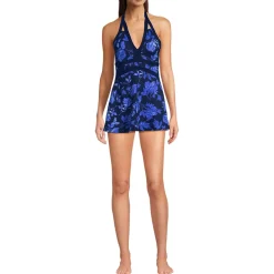 Womens V-Neck Halter Mini Swim Dress