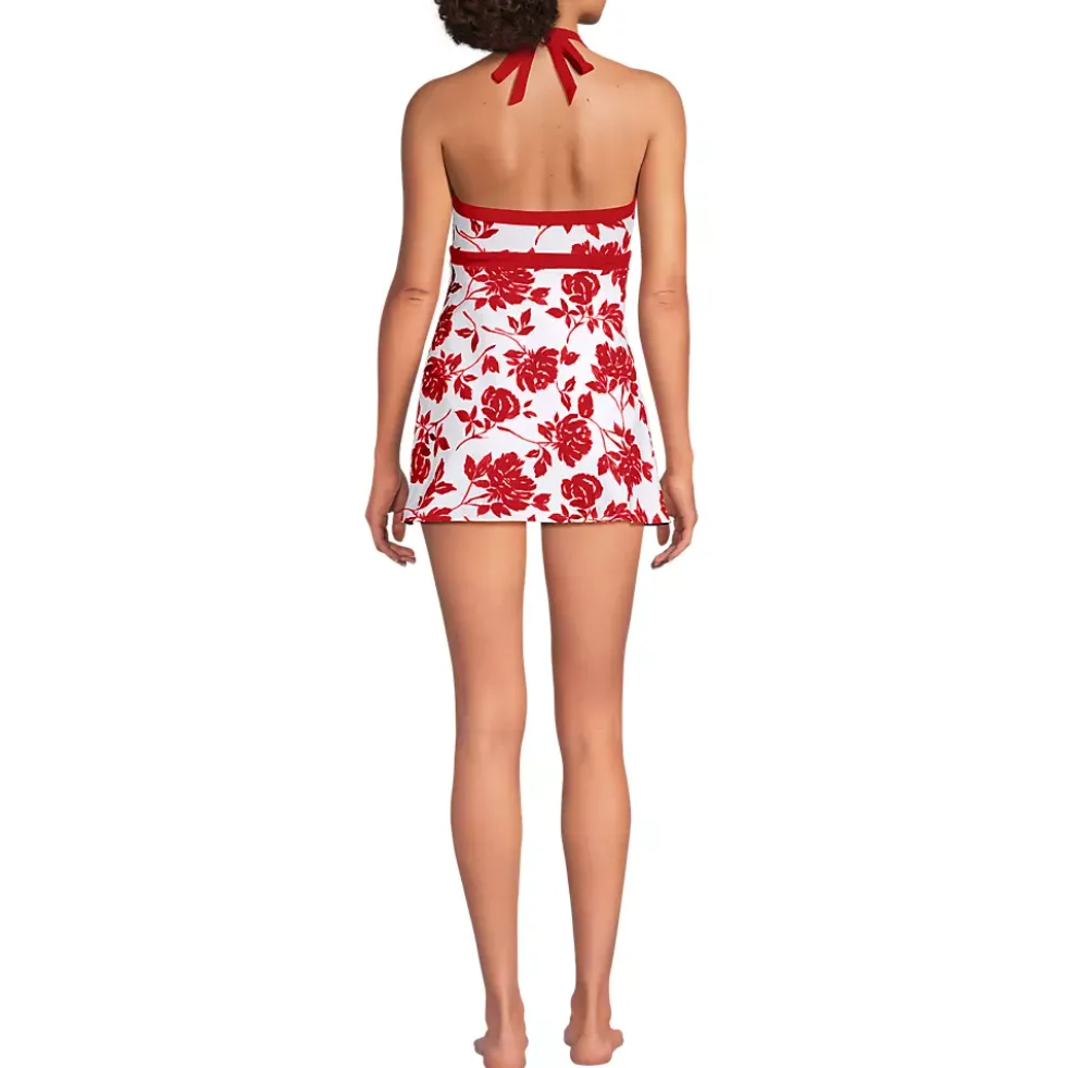 Womens V-Neck Halter Mini Swim Dress