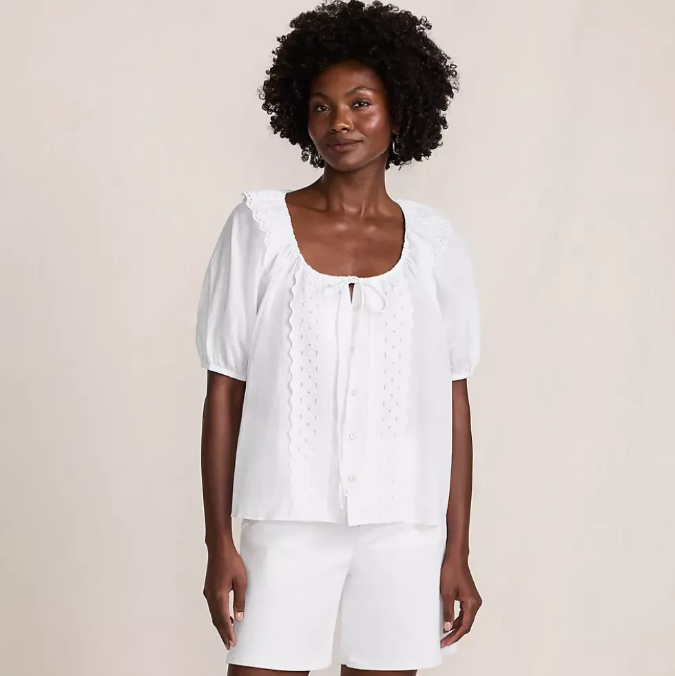 Women's Voile Puff Elbow Sleeve Embroidered Blouse